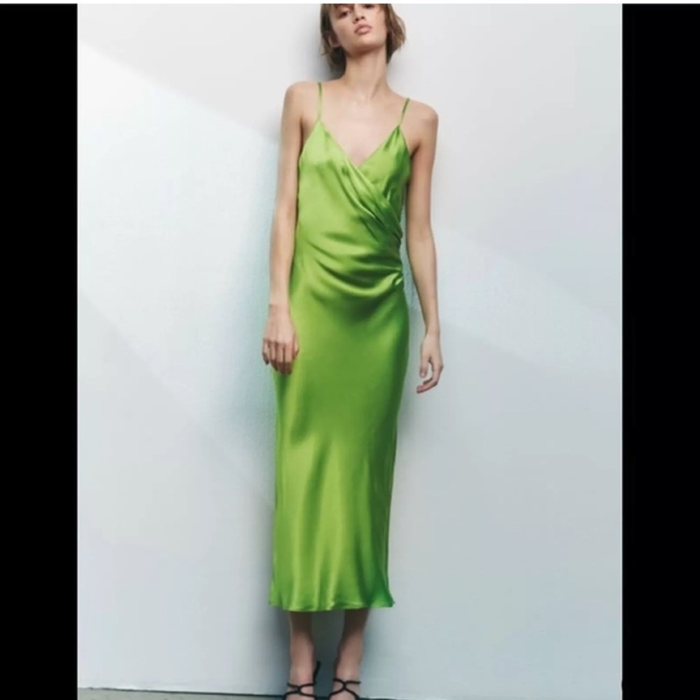 Zara draped satin green dress midi dress medium